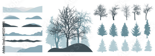 Constructor kit. Silhouettes of beautiful bare trees, Christmas trees, snow hill. Creation of winter beautiful park, forest, landscape, collection of element. Vector illustration.
