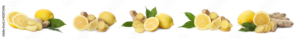 Set with fresh lemons and ginger on white background, banner design Set with fresh lemons and ginger on white background, banner design