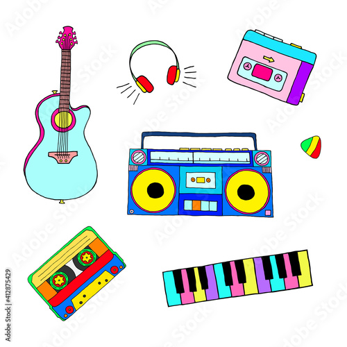 Bright vector drawing with musical elements on a white background. Doodle drawing style.