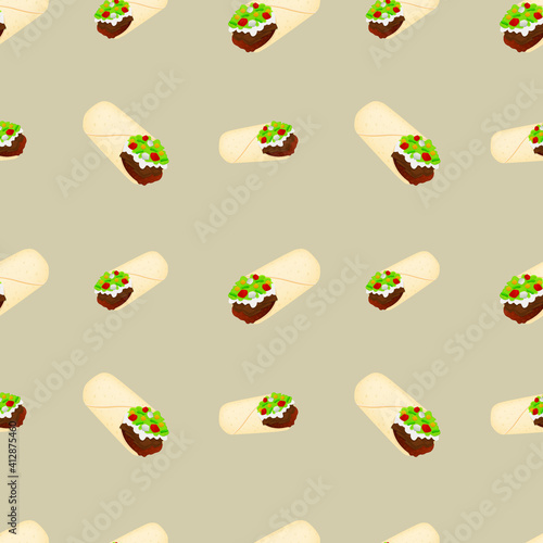 Burrito Food Emoji Pattern. Traditional Mexican Roll Food Seamless Background Symbols. Silhouette Emoticon Mexico Recipe Vector.