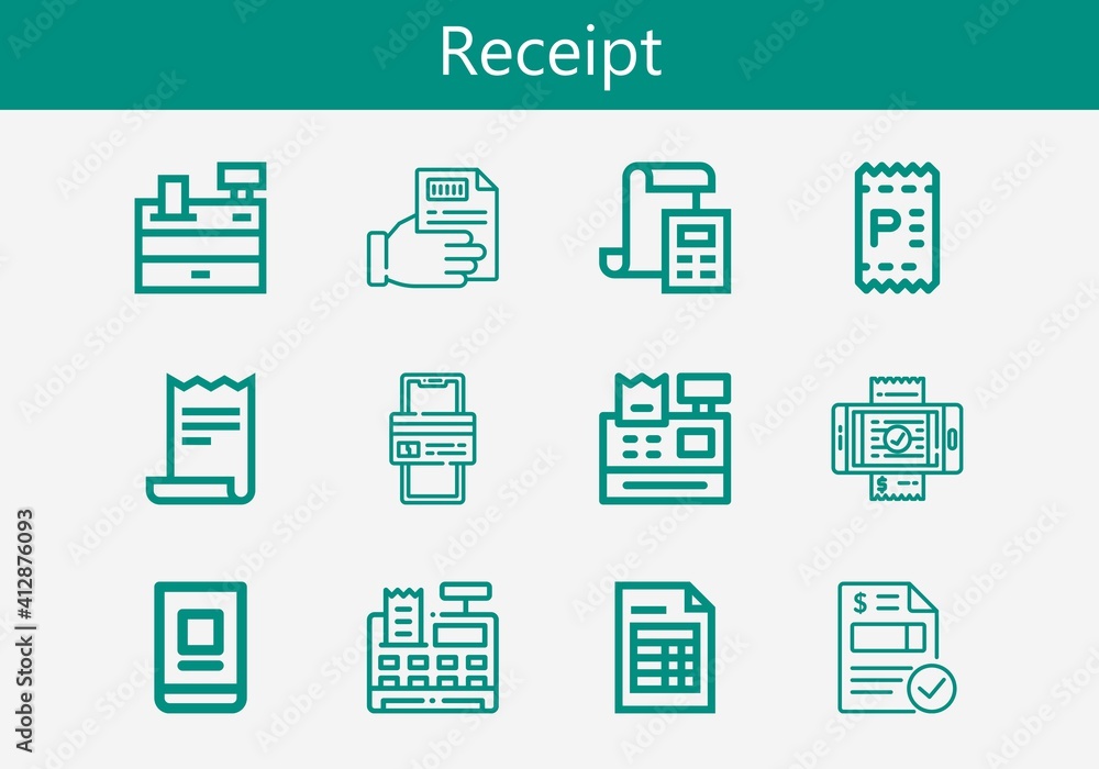 Premium set of receipt line icons. Simple receipt icon pack. Stroke vector illustration on a white background. Modern outline style icons collection of Invoice, Receipt, Online banking, Online payment Premium set of receipt line icons. Simple receipt icon pack. Stroke vector illustration on a white background. Modern outline style icons collection of Invoice, Receipt, Online banking, Online payment