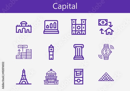 Premium set of capital line icons. Simple capital icon pack. Stroke vector illustration on a white background. Modern outline style icons collection of Louvre, Mortgage, Column, Profits, Big ben