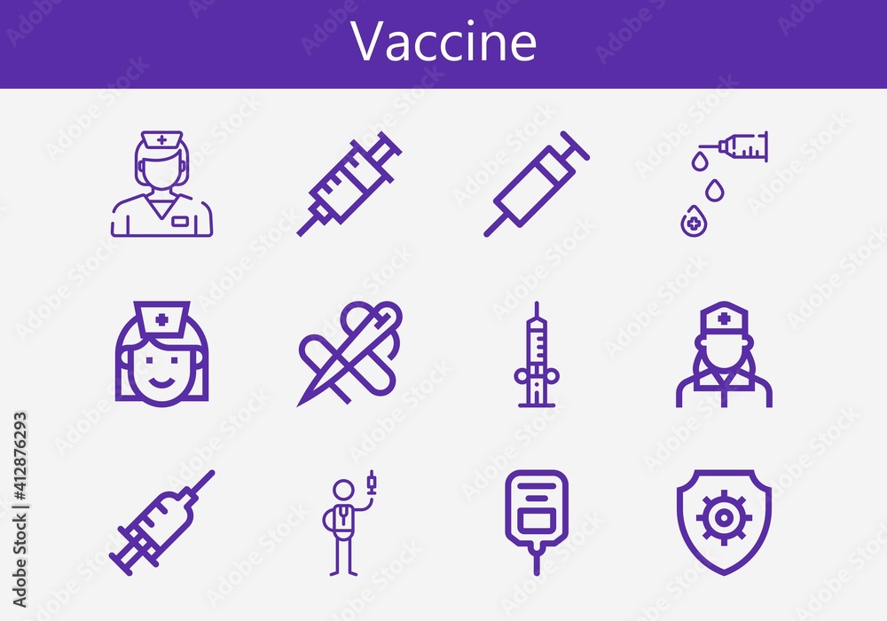 Premium set of vaccine line icons. Simple vaccine icon pack. Stroke vector illustration on a white background. Modern outline style icons collection of Needle, Syringe, Saline, Antivirus, Nurse Premium set of vaccine line icons. Simple vaccine icon pack. Stroke vector illustration on a white background. Modern outline style icons collection of Needle, Syringe, Saline, Antivirus, Nurse