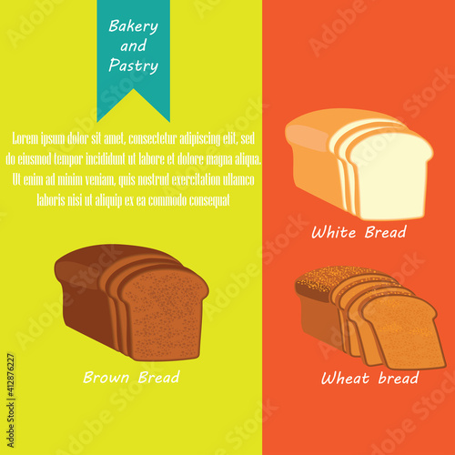 white bread, brown bread, wheat bread bakery and pastry french and danish pastries banner. vector illustration