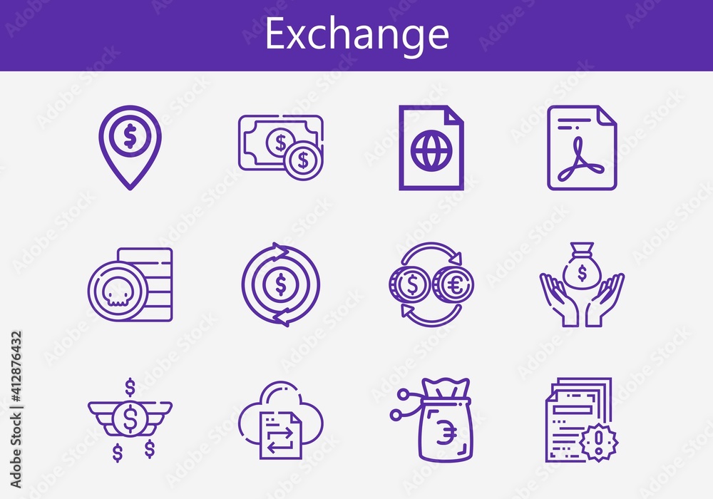 Premium set of exchange line icons. Simple exchange icon pack. Stroke vector illustration on a white background. Modern outline style icons collection of Money, Coin, File transfer, Refund Premium set of exchange line icons. Simple exchange icon pack. Stroke vector illustration on a white background. Modern outline style icons collection of Money, Coin, File transfer, Refund