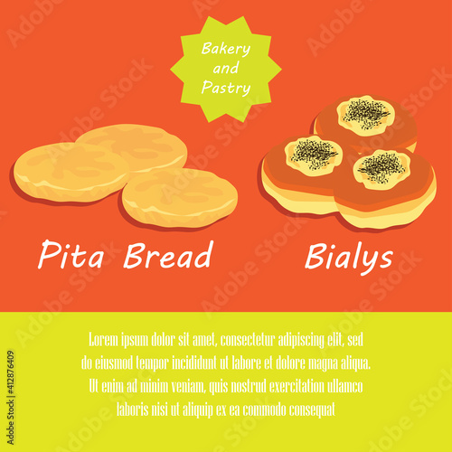 pita bread and bialys bakery and pastry french and danish pastries banner. vector illustration