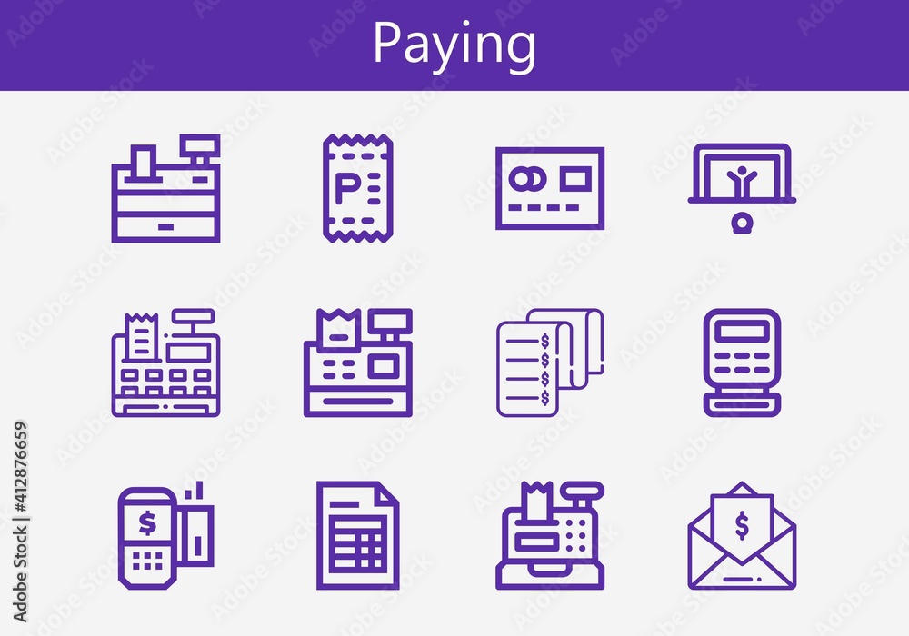Premium set of paying line icons. Simple paying icon pack. Stroke vector illustration on a white background. Modern outline style icons collection of Invoice, Cash register, Payment terminal, Penalty Premium set of paying line icons. Simple paying icon pack. Stroke vector illustration on a white background. Modern outline style icons collection of Invoice, Cash register, Payment terminal, Penalty