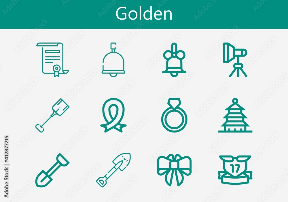 Premium set of golden line icons. Simple golden icon pack. Stroke vector illustration on a white background. Modern outline style icons collection of Ribbons, Shovel, Ribbon, Light, Ring Premium set of golden line icons. Simple golden icon pack. Stroke vector illustration on a white background. Modern outline style icons collection of Ribbons, Shovel, Ribbon, Light, Ring