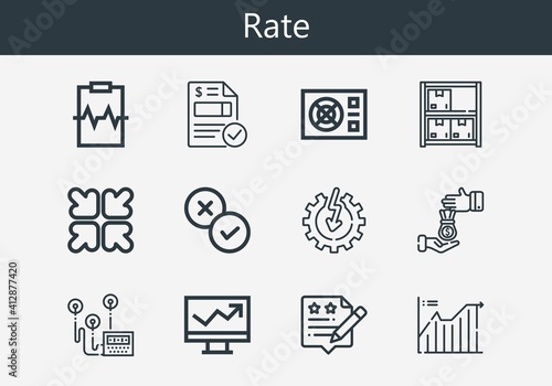Premium set of rate line icons. Simple rate icon pack. Stroke vector illustration on a white background. Modern outline style icons collection of Heart rate, Invoice, Loan, Line chart, Rate