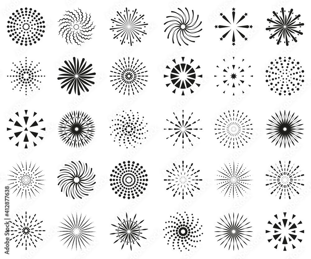 Obraz premium large set of drawn abstract sun rays and fireworks on a white background.