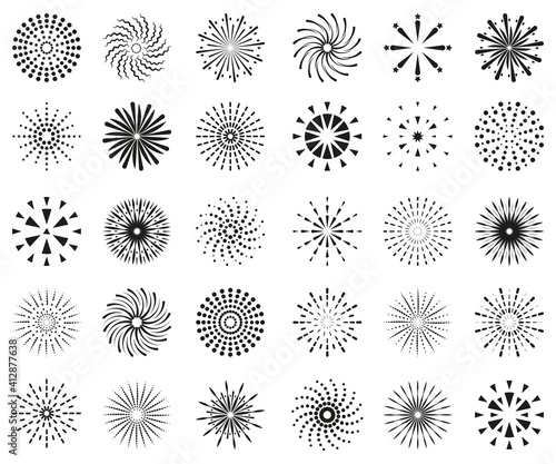 large set of drawn abstract sun rays and fireworks on a white background.