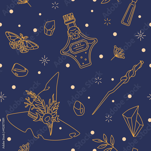 Ornament with witch hat, potion bottle and magic wand. Items of Dark Witch - textile, wrapping paper and stationery print design. Witchcraft and magic - occult seamless pattern