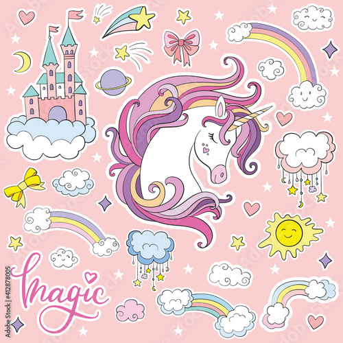 Set of beauty cartoon unicorn vector illustration
