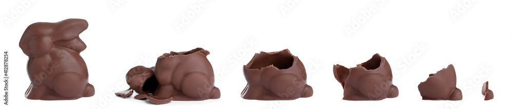 Process of eating delicious chocolate Easter bunny on white background, banner design Process of eating delicious chocolate Easter bunny on white background, banner design