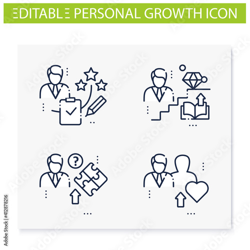 Personal growth line icons set. Consists of self knowledge, enhancing lifestyle, talents development, identifying potential. Isolated vector illustrations. Editable stroke
