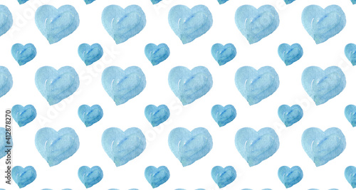Blue hand drawn watercolor hearts.  Seamless watercolor pattern. Design for prints on fabrics, textile, covers, paper