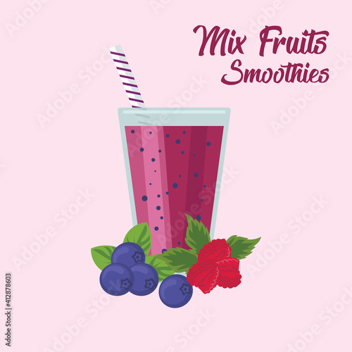 blueberry mix raspberry smoothie in plastic cup with raspberry fruit, vector illustration