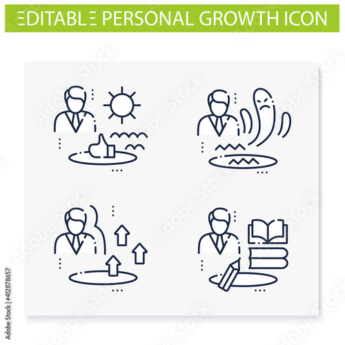 Personal growth line icons set. Consists of self knowledge, comfort zone, fair zone, identifying potential. Isolated vector illustrations. Editable stroke