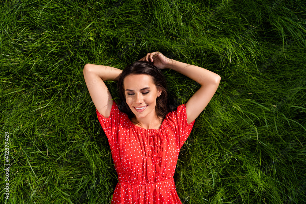 Top above high angle view of sleepy relaxed charming woman lie in grass closed eyes outside in park outdoors Top above high angle view of sleepy relaxed charming woman lie in grass closed eyes outside in park outdoors