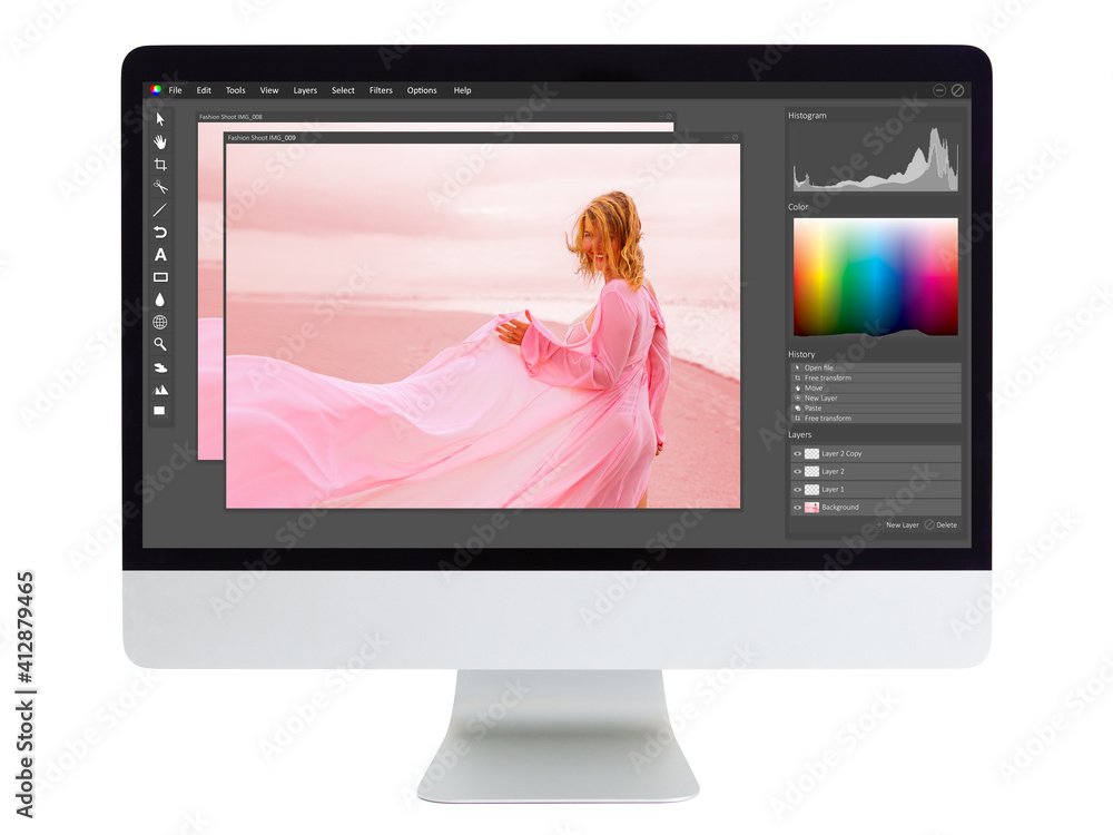 Editing and retouching photo on  desktop computer - obrazy, fototapety, plakaty 