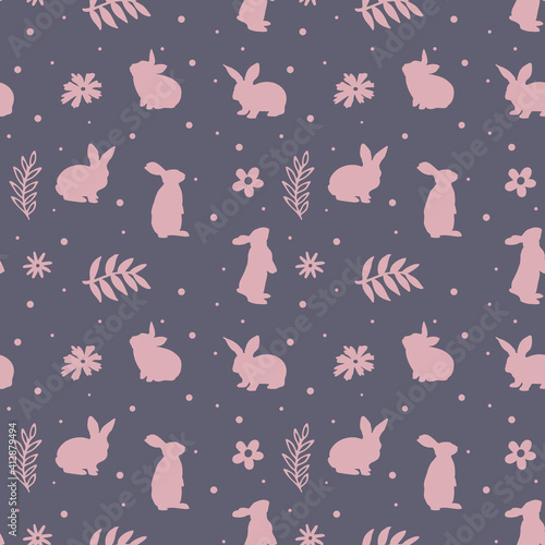 Seamless pattern with cute rabbits and flowers. Spring and easter theme seamless background.