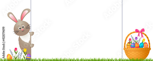 festive easter banner with easter bunny, basket, eggs, flowers, pussy willow and place for text.