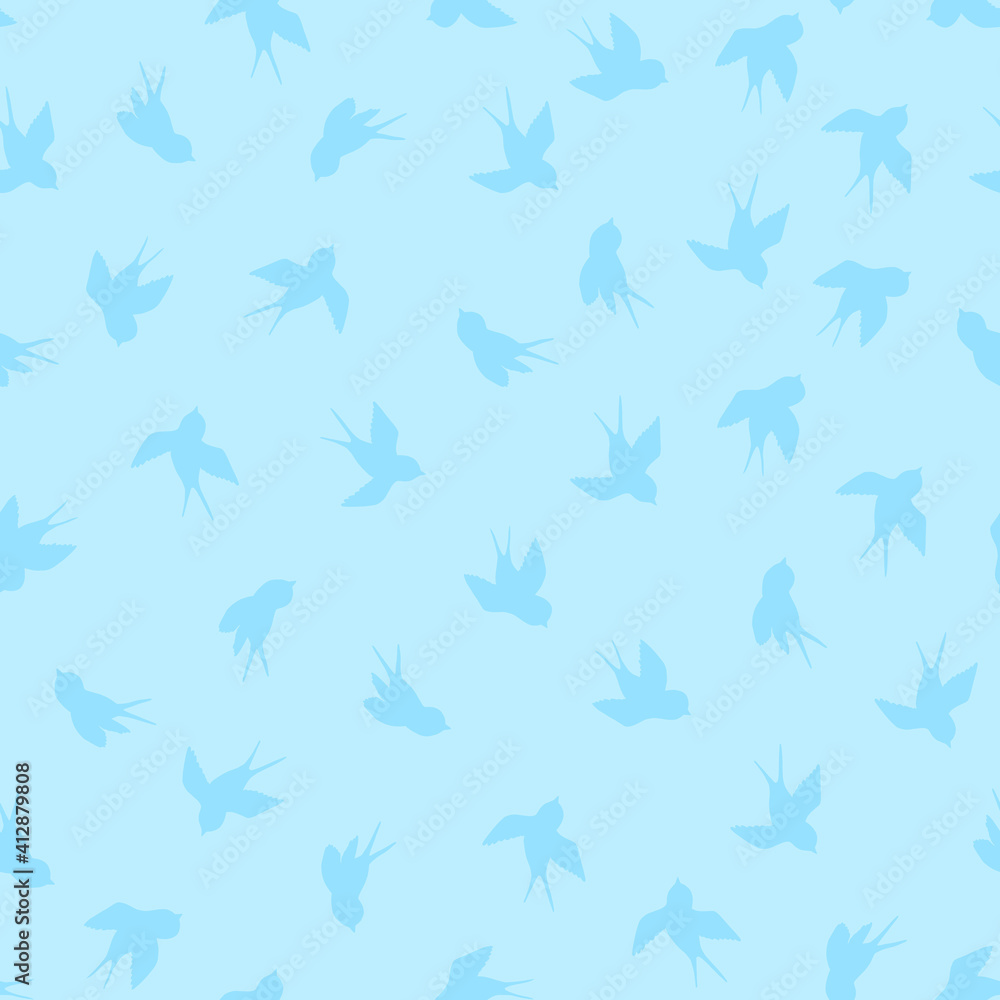 Seamless pattern with white swallow silhouette on blue background. Cute bird in flight. Vector illustration. Doodle style. Design for invitation, poster, card, fabric, textile. Seamless pattern with white swallow silhouette on blue background. Cute bird in flight. Vector illustration. Doodle style. Design for invitation, poster, card, fabric, textile.