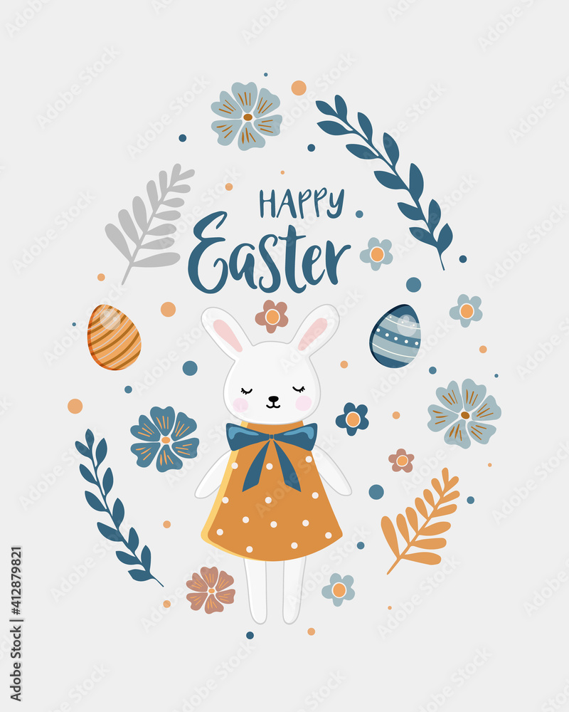 Naklejka premium Happy Easter card. Holiday easter illustration in cartoon style.