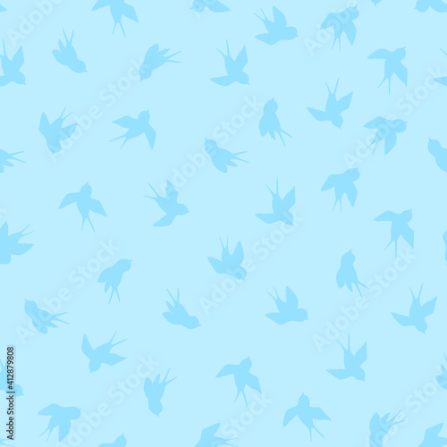 Seamless pattern with white swallow silhouette on blue background. Cute bird in flight. Vector illustration. Doodle style. Design for invitation, poster, card, fabric, textile. © Alla