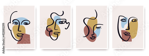Contemporary abstract faces in one line art style on colorful shapes.