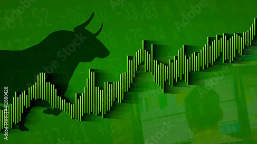The stock market is bullish. A green ascending bar chart and a black silhouette of a bull on a green background shows an upward price movement in the stock market.