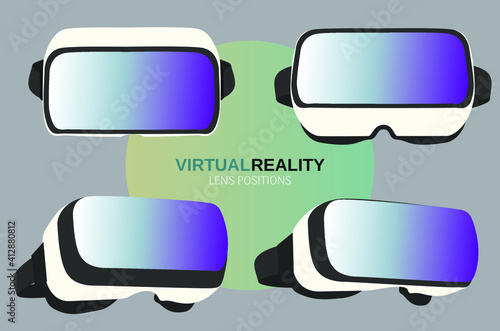 VR Virtual Reality glasses in different lens position looking up, sidewise and frontal head-on, in flat style, filled and colorful. Gradient neon colors, white glasses. Vectorized images.