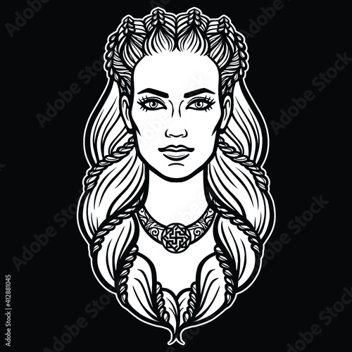 Animation portrait of the beautiful young woman Valkyrie. Pagan goddess, mythical character. White vector illustration isolated on a black background. Print, poster, t-shirt, card.