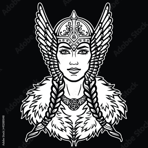 Animation portrait of the beautiful young woman Valkyrie. Pagan goddess, mythical character. White vector illustration isolated on a black background. Print, poster, t-shirt, card.