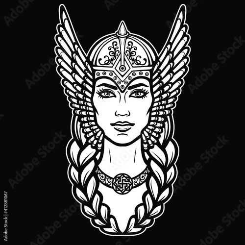 Animation portrait of the beautiful young woman Valkyrie. Pagan goddess, mythical character. White vector illustration isolated on a black background. Print, poster, t-shirt, card.