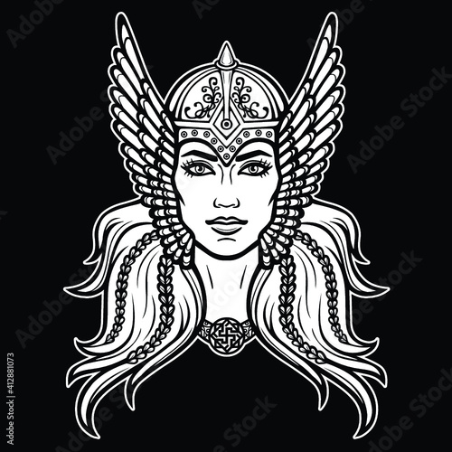 Animation portrait of the beautiful young woman Valkyrie. Pagan goddess, mythical character. White vector illustration isolated on a black background. Print, poster, t-shirt, card.