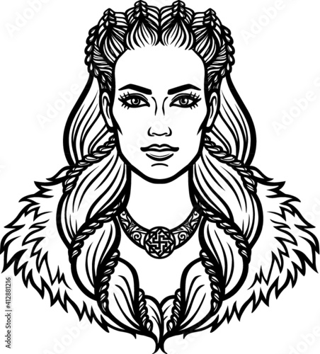 Portrait of the woman of the Valkyrie. Linear drawing. Vector illustration isolated on a white background.