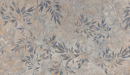 Flowers on the old white wall background, digital wall tiles or wallpaper design, cement texture background