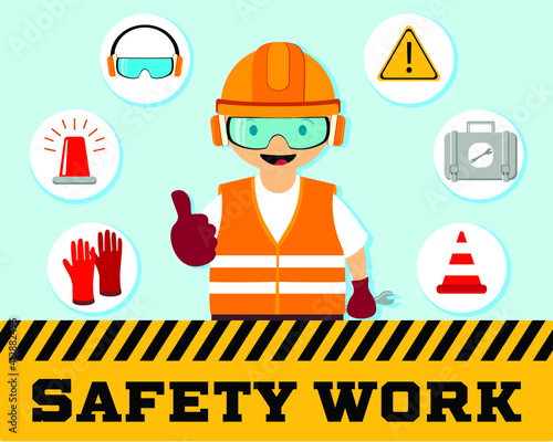 Construction worker repairman thumb up, safety first, health and safety warning signs