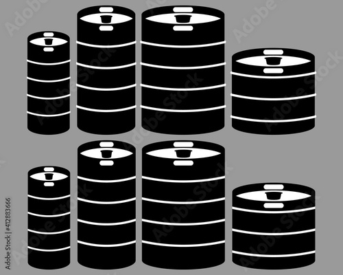 Metal beer kegs vector clipart. Black and white illustration. Silhouette оn blank background. Different shapes.