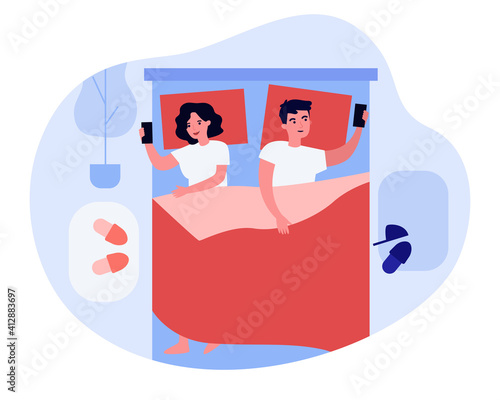 Sleepless couple using cellphones in bed. Man and woman with gadgets suffering from insomnia. Flat vector illustration. Unhealthy habit, disorder concept for banner, website design or landing web page