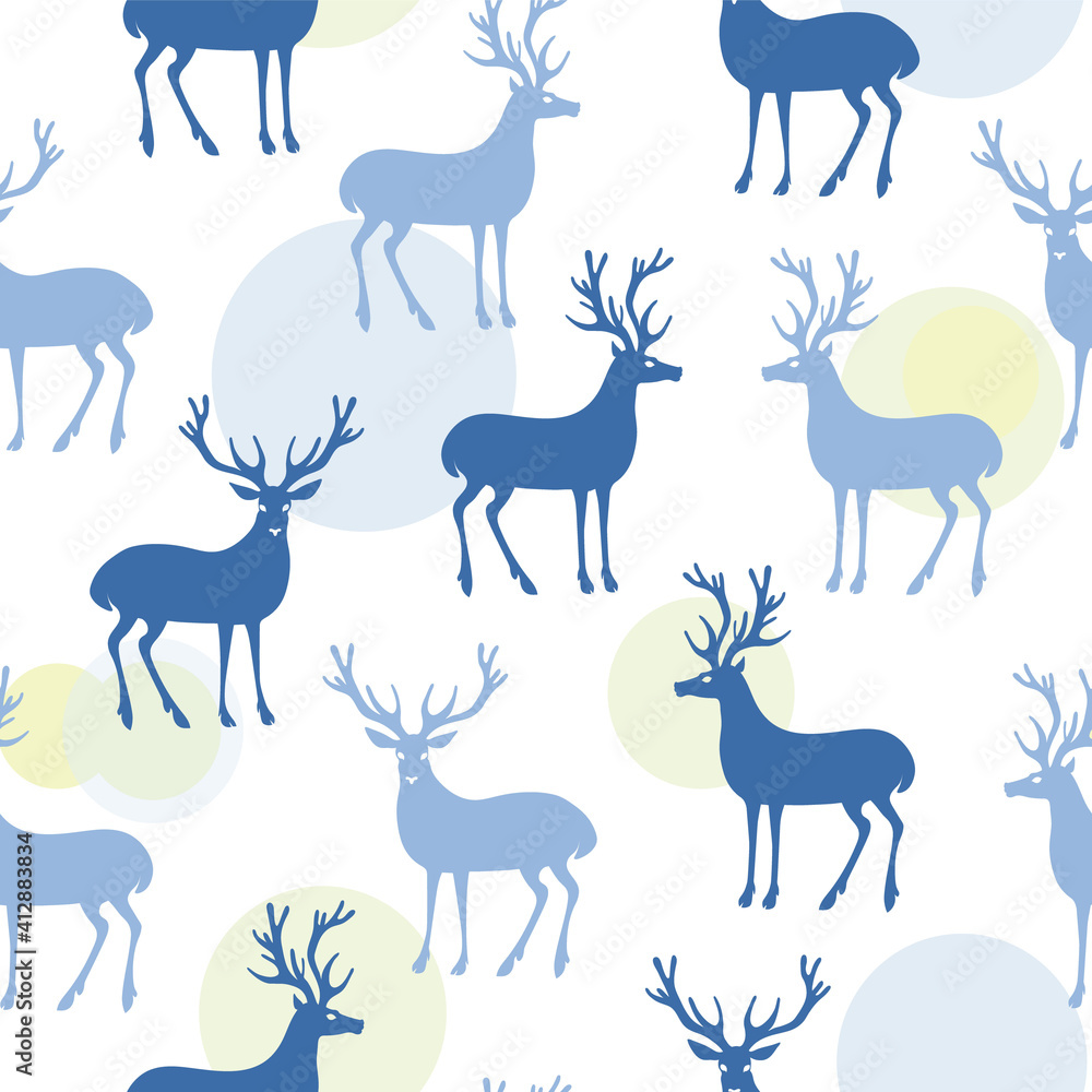 Deers and circles. Vector color blue image seamless pattern.