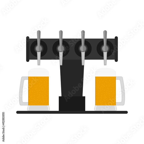 Beer pump, dispenser with taps and full glass beer mugs. Vector clipart. Illustration оn blank background. 