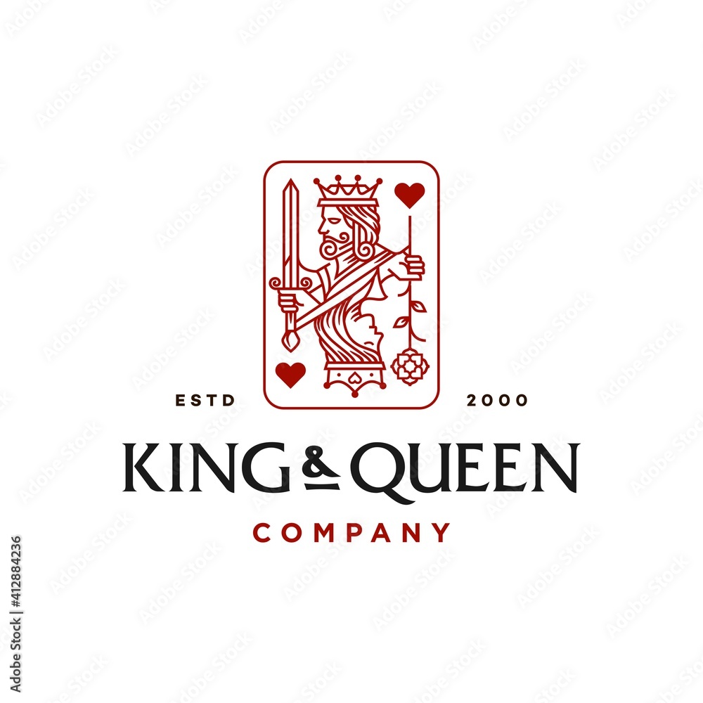 King and queen hearts playing card vector logo icon illustration, king ...