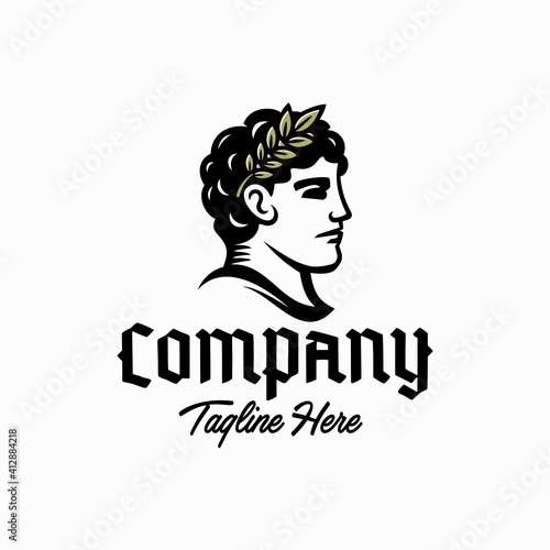 Greek god head wearing laurel wreath statue icon logo design Illustration vector in trendy minimal and simple line style.Ancient Greek Figure Face Head Statue Sculpture.