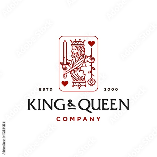 King and queen hearts playing card vector logo icon illustration, king with sword and queen with flower design.