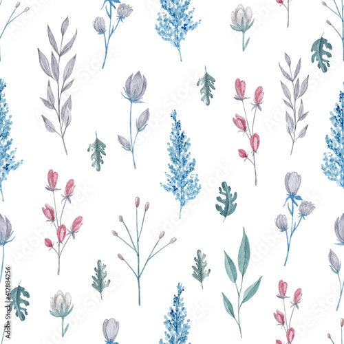 Field flowers and herbs seamless pattern. Watercolor flowers on white background repeatable pattern.
