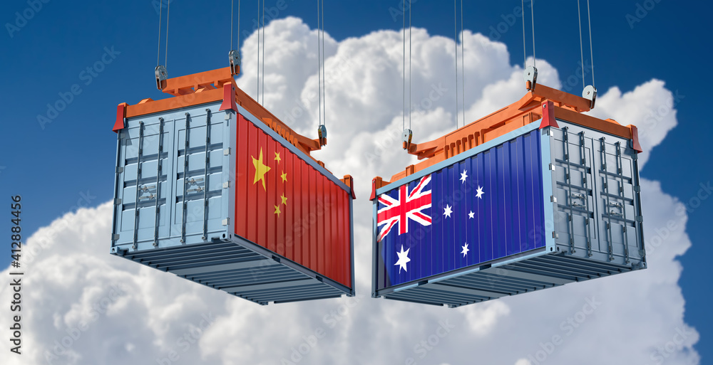 Freight containers with China and Australia flag. 3D Rendering 