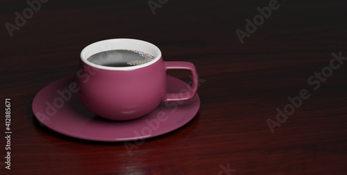 delicious americano coffee in a pink cup on a wooden table dark background