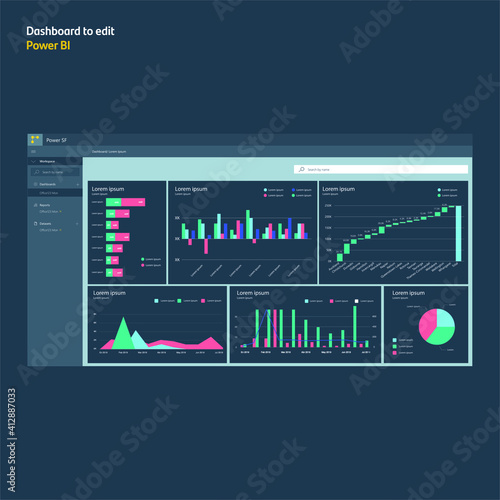 Dashboard with graphs and diagrams. Data analysis. Power bi analysis pro. EPS10
